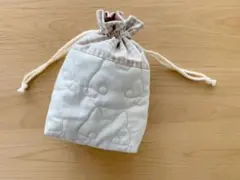 ベージュギンガムチェック×ねこさんキルティング　巾着袋