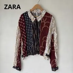 【レトロ】 f15 ZARA/ザラ ブラウス SIZE L 赤 紺 レーヨン素材のサムネイル