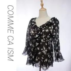 美品　COMME CA ISM 花柄　シアーチュニック　フリル　黒　L/H144