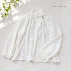 3821y 美品 ロワン 井川遥 ボウタイコットン長袖ブラウス 白 M 日本製
