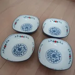 たち吉 平安橘吉 色絵 煮物鉢 4客セット 内外異色 角鉢 青