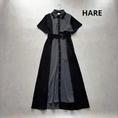ハレ♡プリーツキリカエワンピース ブラック×グレー ベルト付き フリーサイズのサムネイル