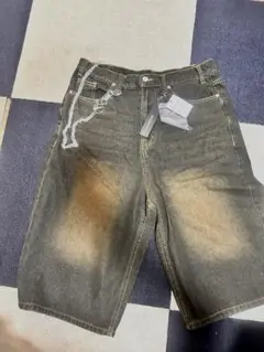 新品タグ付きHALHAN ハルハム　チェーン付きブラックデニムハーフパンツ XL