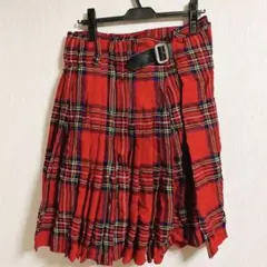 美品✨レッド チェック柄 プリーツスカート ベルト付き【XL】