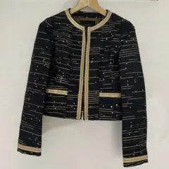 【N-0010】ノーカラージャケット ツイード調 スパンコール装飾 ブラックのサムネイル