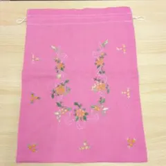 ピンク 花柄刺繍 巾着バッグ