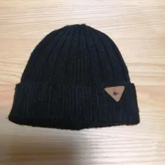 ブラックニット帽 リブ編み レザーラベル