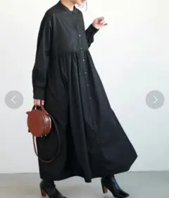 美品 coca コカ バンドカラーウエストギャザーワンピース ロング 黒