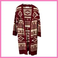 セシルマクビー ロングカーディガン M 赤ベージュ ネイティブ柄　羽織り　七分袖