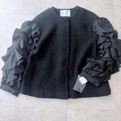 新品タグ sono ラッフルフリルツイードジャケット ブラック S ノーカラー