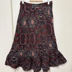 レトロ柄 フレアスカート ミモレ丈 ネイビー 古着 【M相当】レッド