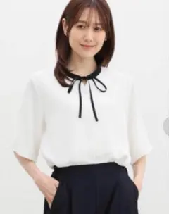 ハニーズ　配色リボンブラウス　5分丈　半袖　LLホワイト