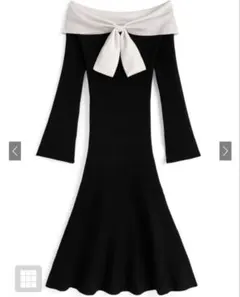 GRL 配色リボンオフショルダーマーメイドロングワンピース　ブラック　M