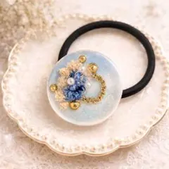 天の川♡青 白 マーブル 星 レジン ヘアゴム かすみ草 パール 七夕
