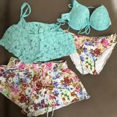 ミントグリーン レーストップス 花柄ショーツ セパレート水着