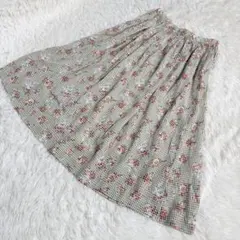 【美品】花柄ギンガムチェックギャザーフレアスカート膝丈　Mサイズのサムネイル