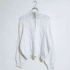 GU ニット XXL ホワイト ケーブル編み ハーフジップ 秋冬 あったか 上品