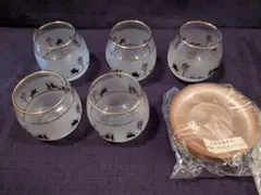 【レトロ】馬車柄 すりガラス グラス 5客セット コースター付き 金彩