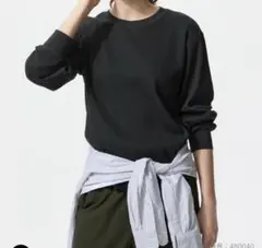 ユニクロ【M】レディース ワッフル生地 ロンT クルーネック 黒／長袖カットソー