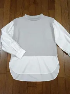 GU　切替レイヤードデザイン 長袖トップス グレー ホワイト