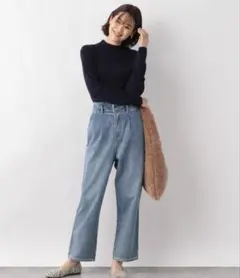 グローバルワーク　ハイウェストタックデニムパンツ　M デニム　ボトムス