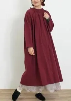 サマンサモスモス 柄アソートシャーリングネックワンピース　パープル 春秋