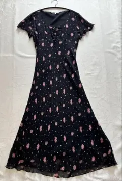 ローラアシュレイ　花柄シルクシアーロングワンピース　マキシ丈　黒　LLサイズ