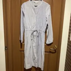 紺×白のストライプ 長袖シャツワンピース