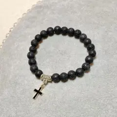 ブラックラバストーン溶岩石ラウンドカットビーズ黒十字架クロスチャームブレスレット
