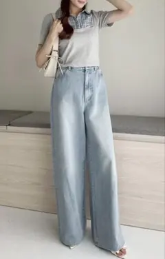 新品【ウエストサイズ調整可】美脚ワイドデニム　M