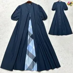 新品同様 ブルーレーベル バックチェック 切替ワンピース ロング ネイビー 36