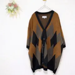 美品 モノマート【M】半袖ニットカーディガン 総柄 ゆったり ブラウン系