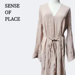SENSE OF PLACE シワ加工ロングワンピース Fベージュ リボンベルト
