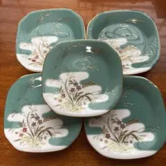 乃り竹　ハナリンス　青緑色 四角い皿 5枚セット