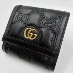 美品 グッチ 二つ折り財布 GGマトラッセ カード ウォレット 723799 黒 
