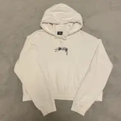 美品⭐︎STUSSY 刺繍ロゴ　フード付きパーカー M y2k 短丈　白　裏毛のサムネイル