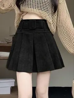 SHEIN ベルト付き コーデュロイ プリーツ ミニスカート ブラック