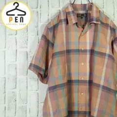 【レトロ古着】コットンリネン 開襟シャツ ワンポイント刺しゅうロゴ シワ加工