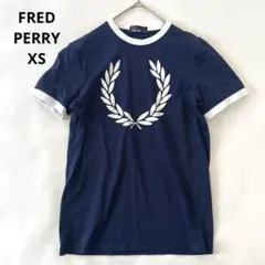美品★フレッドペリー リンガーTシャツ 半袖 ビッグロゴ ネイビー 白 XS