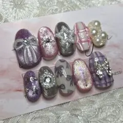 【No.516】現品限り ネイルチップ 紫 ピンク リボン 星 ぷっくり