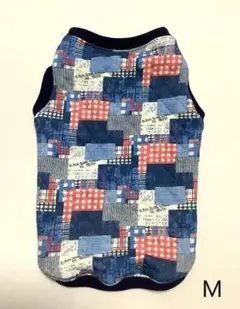 ★キルトニットパッチデニムタンク　ブルー　コーギーサイズ　ハンドメイド　犬服★