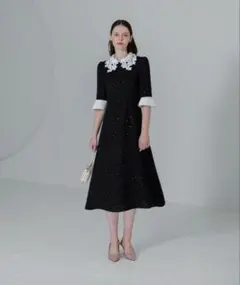 【LEJA】花柄レースカラースパンコール刺繍Aラインフレアドレスワンピース