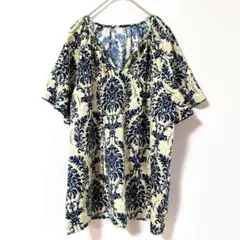 SHEIN ダマスク柄 半袖シャツ ブラウス Vネック リボン オーバーサイズ