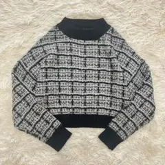GRL グレイル ショート丈ニット F 黒 白 チェック柄 ツイードライク