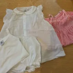 プチバトー12m フリルブラウス・ブルム・キャミソール、ピンクチェックロンパース