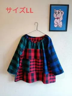 ★匿名配送★先染め薄起毛パッチワークギャザーネック 8分袖ブラウス サイズLL