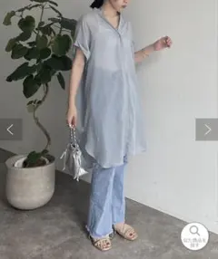 シアー半袖ロングブラウス　ブルー　フリーサイズのサムネイル