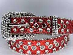 格安1 全長105cmギラギラブリンブリンウエスタンベルト　レッド　レディース
