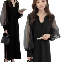 ブラック シースルー長袖 ロングワンピース L