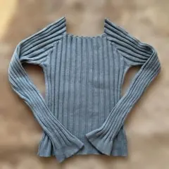 リブニット スクエアネック 長袖トップス ブルーグレー